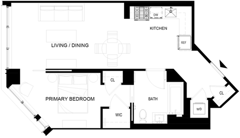 Floor plan for 1 bed, 1 bath, 617 sqft